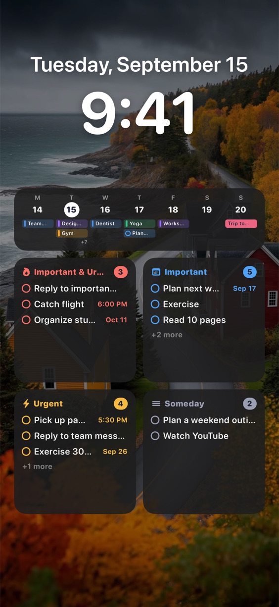 Lock Screen with a week strip and tasks sorted into four priority groups